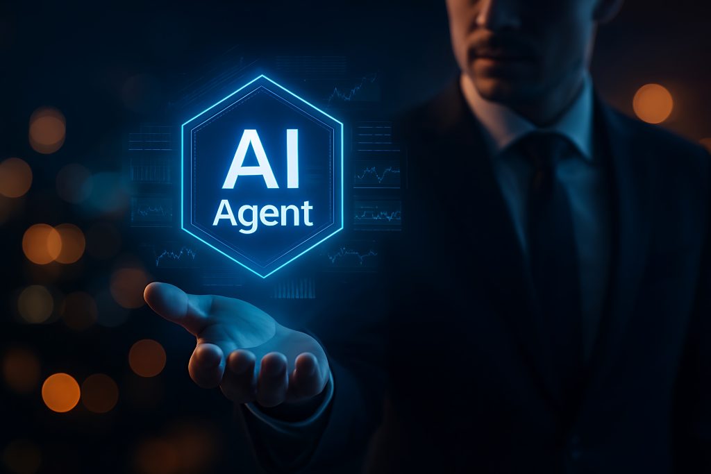 businessman presenting glowing blue hexagonal ai agent interface with data charts bokeh lights background